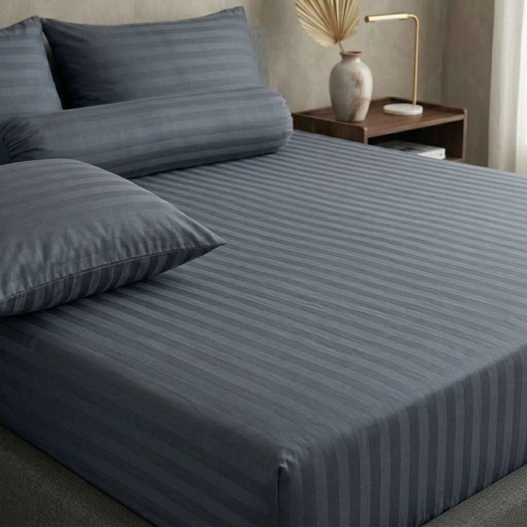 Bộ Drap Ga Gối Cotton Poly Cao Cấp Sọc Satin Sang Trọng - 3 Màu: Xám Đậm, Nâu Khaki, Xám Nhạt - Đầy Đủ Kích Thước